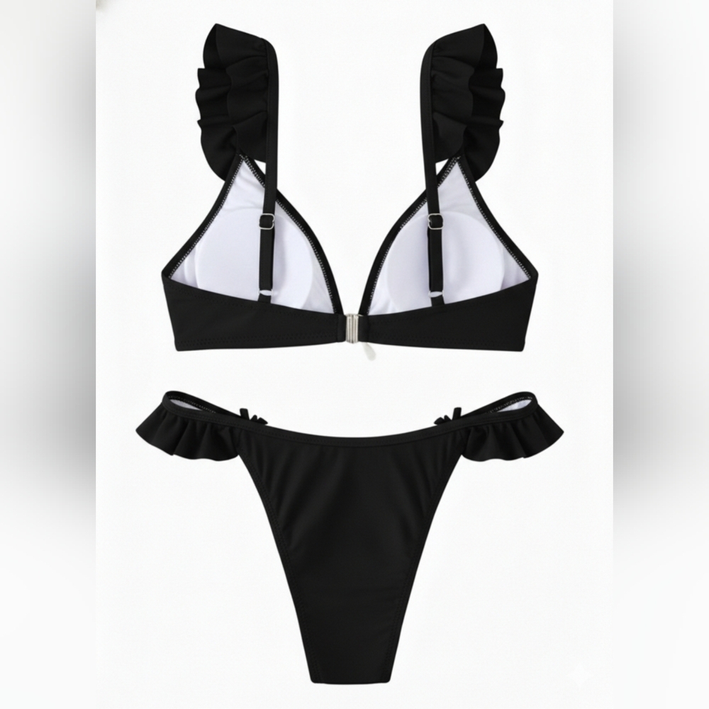 NWT Black Ruffle Trim Bikini Set with White Bow Accents – Tropical Chic - XL - Picture 3 of 8